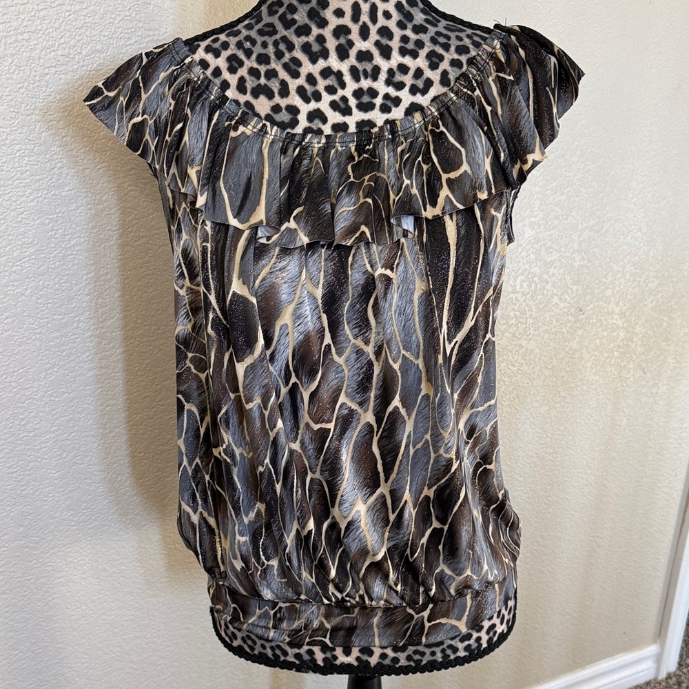 Elegant Animal Print Glitter Ruffle Top